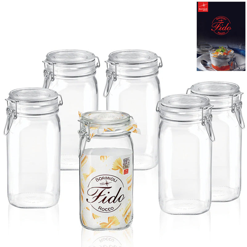 six transparent glass jars with clip airtight closure, one features white label with brown "Bormioli Fido Rocco