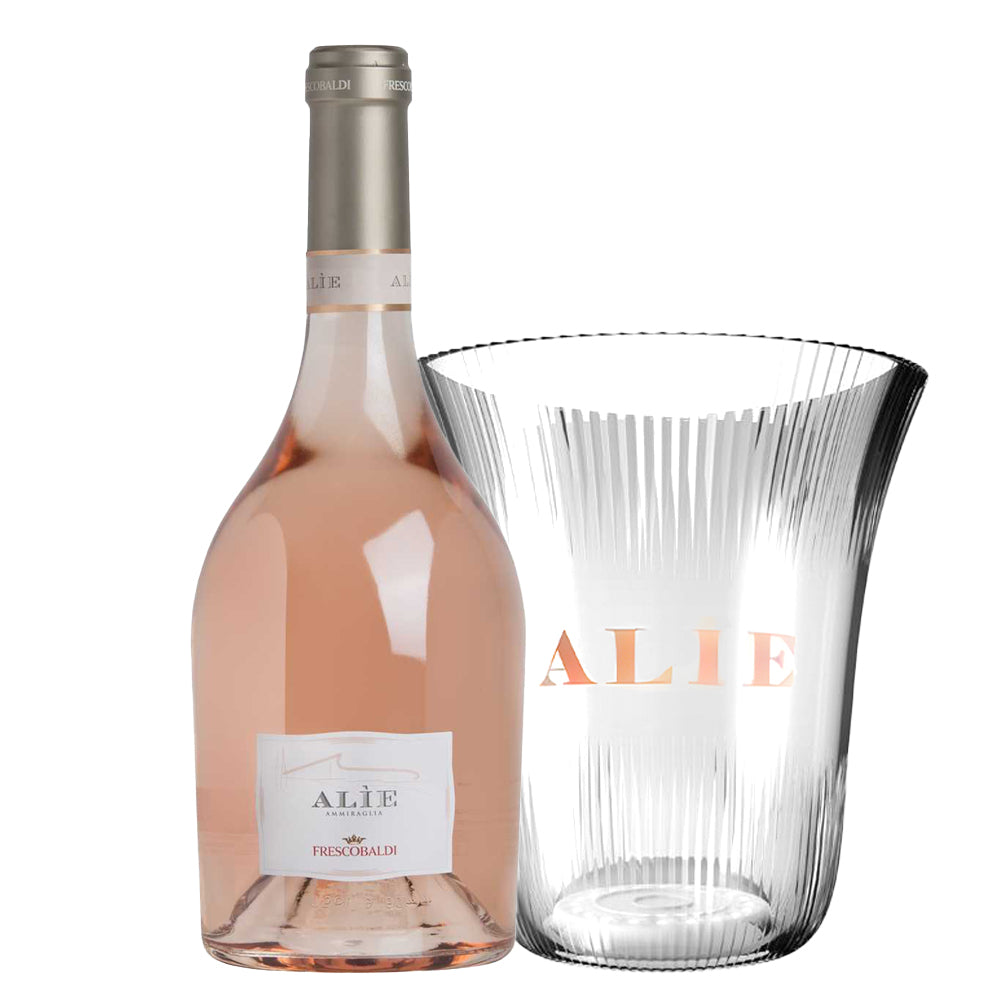 Botella rosa de vino Alìe Frescobaldi con etiqueta blanca y cubo transparente al lado con inscripción ALÌE naranja.