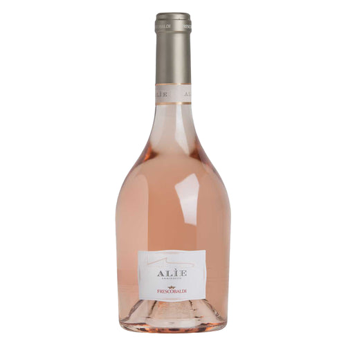 bottiglia di vino rosato Frescobaldi Alìe con etichetta bianca e tappo grigio, sfondo bianco, forma panciuta e trasparente