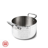 Stainless steel pot with hammered surface, double handle and glossy finish, on white background.