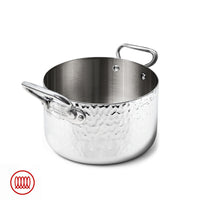Low stainless steel pot with hammered finish and double shiny tubular handles, without lid, on white background.