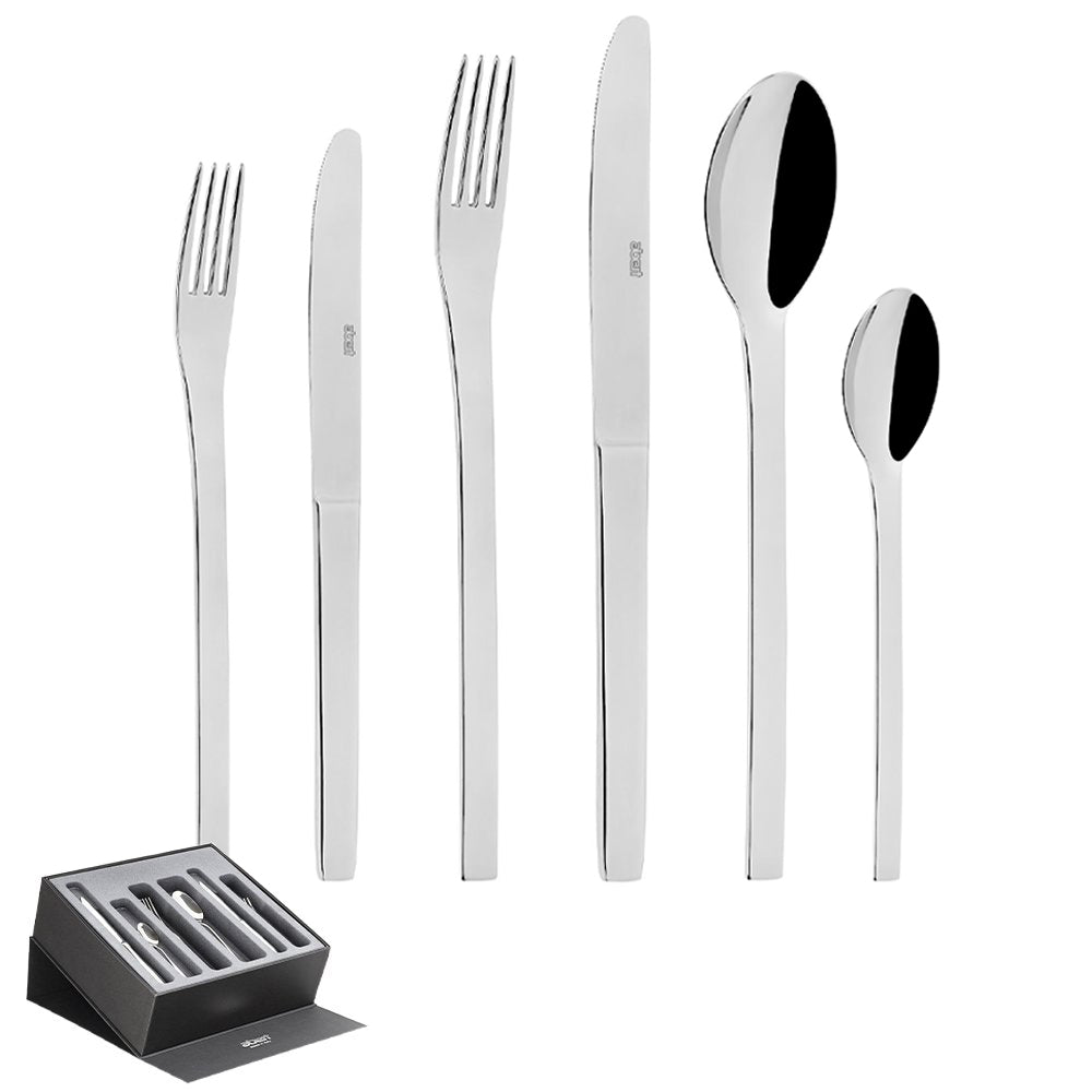 Set di posate in acciaio inox lucido, composto da 6 elementi: forchette, coltelli e cucchiai, presentati all'interno di una scatola nera.