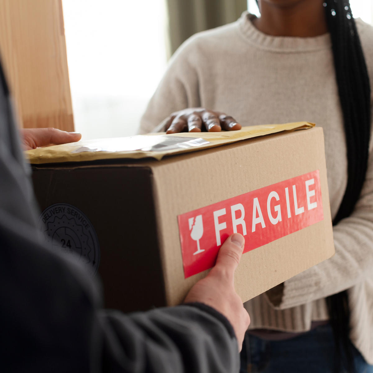 Delivery of a brown cardboard parcel with red "Fragile" label from one person to another.
