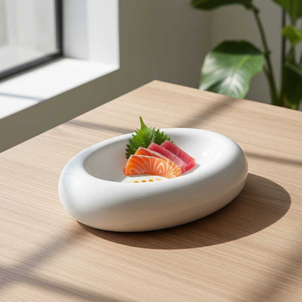 Assiette blanche brillante de forme ovale à bord épais contient tranches de sashimi rose et orange sur feuille verte, sur table en bois clair près de