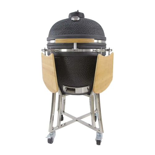 Grill a forma di uovo in ceramica nera, con supporto in acciaio inox e ripiani in legno, su ruote.