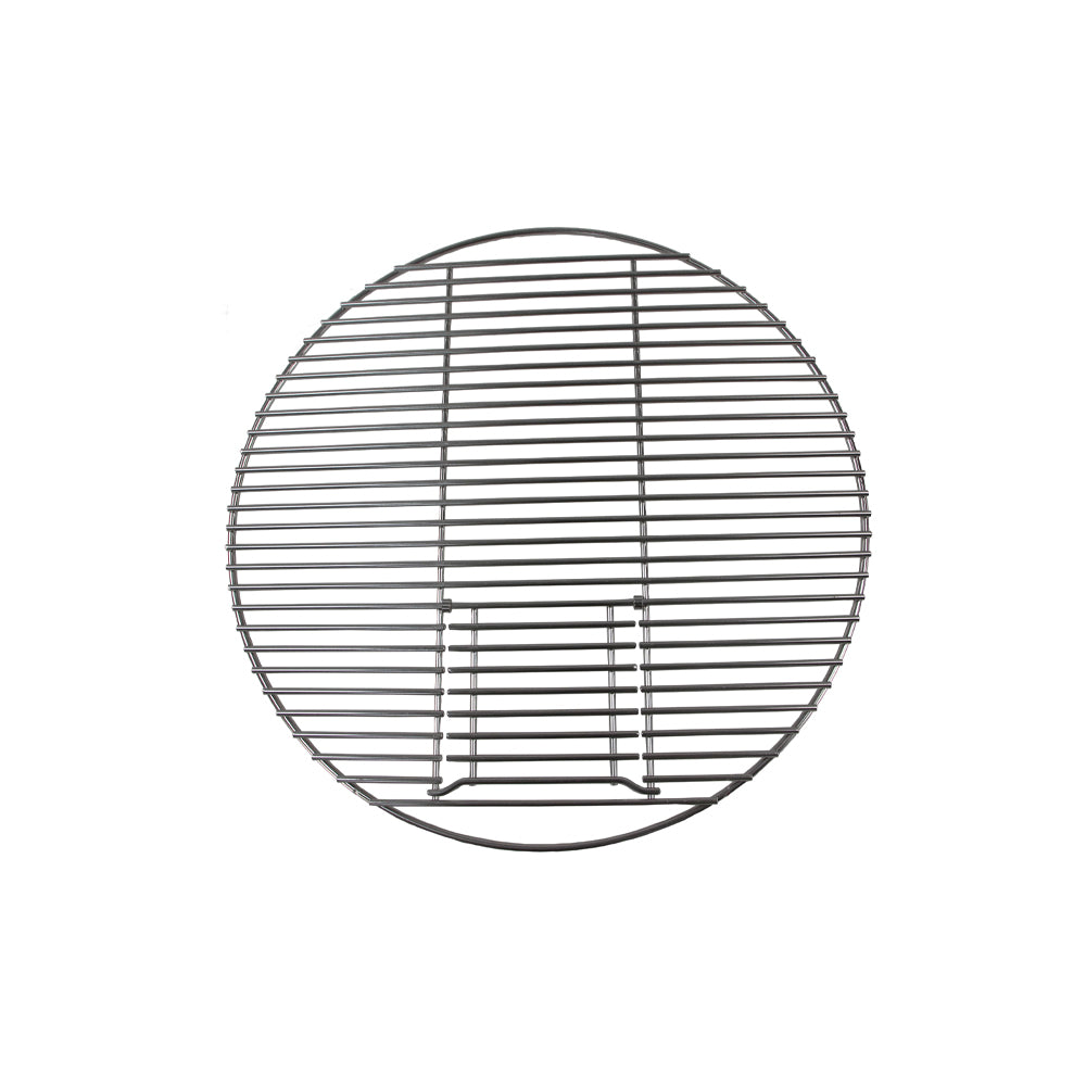 Round metal grill with parallel dark gray bars, featuring a central support.