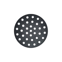 Black circular metal plate with round holes evenly spaced, on white background.