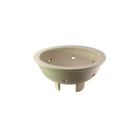 White ceramic bowl, round shape with three feet and drainage holes in the base.