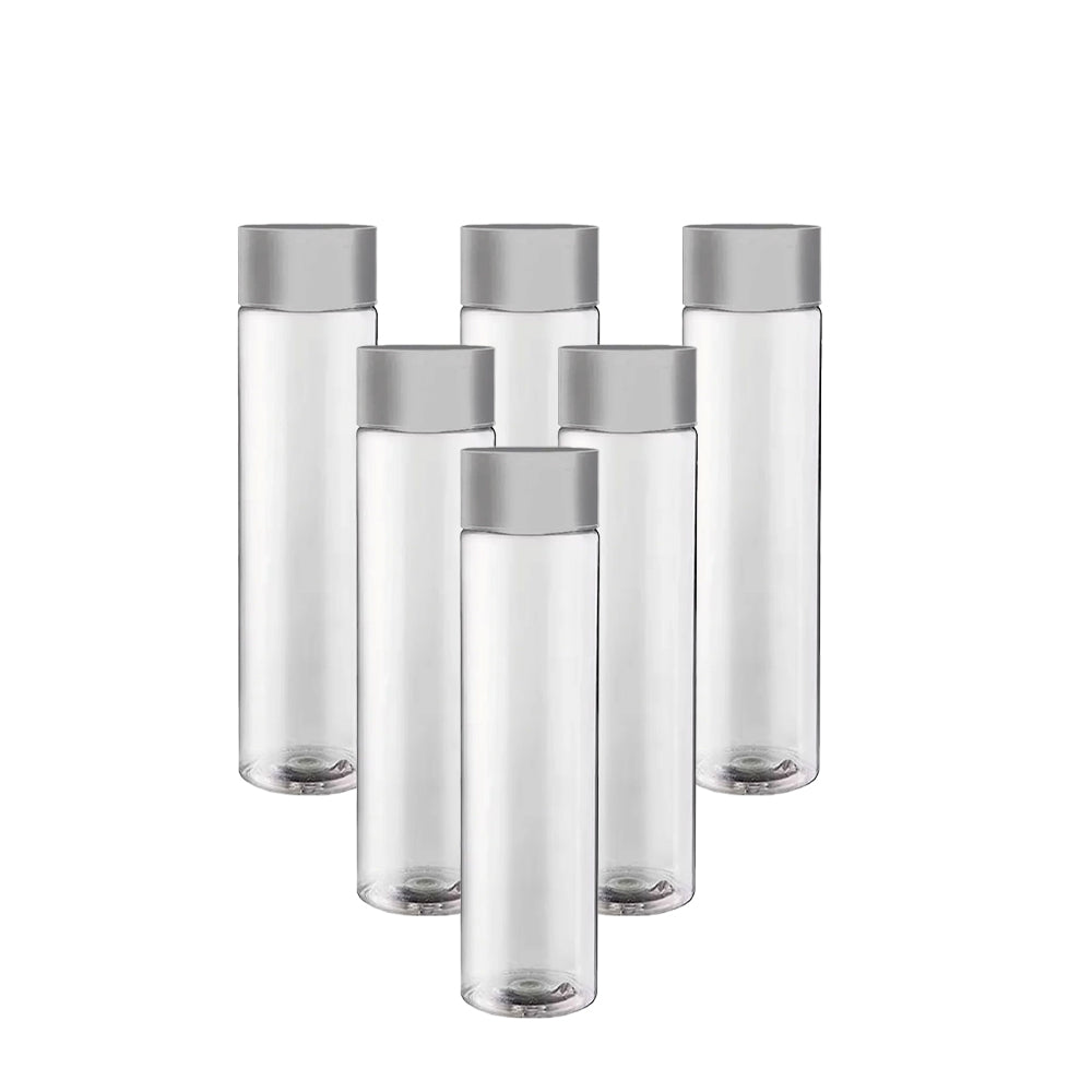 Six transparent cylindrical bottles with matte grey cap on white background.