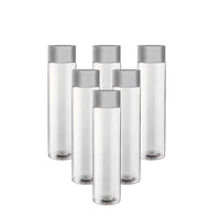 Six transparent cylindrical bottles with matte grey cap on white background.