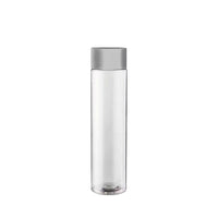 Transparent cylindrical bottle with opaque grey cap, plastic material, neutral white background.