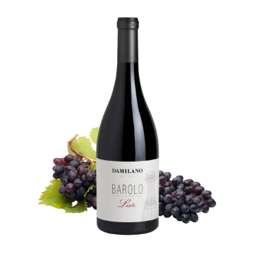 bottiglia di vino rosso con etichetta bianca "Damilano Barolo Liste" con grappoli di uva nera e foglie verdi