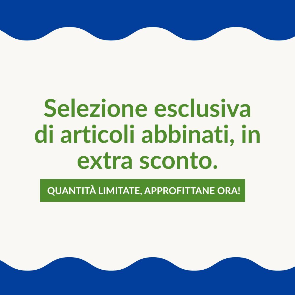 Texto verde sobre fondo blanco con bordes superior e inferior azules ondulados con texto Selección exclusiva de artículos combinados, en extra descuento y