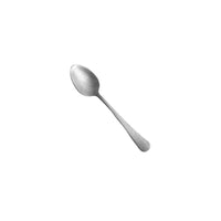 Cucchiaio in acciaio inox, di forma ovale con manico lungo e sottile, su sfondo bianco.