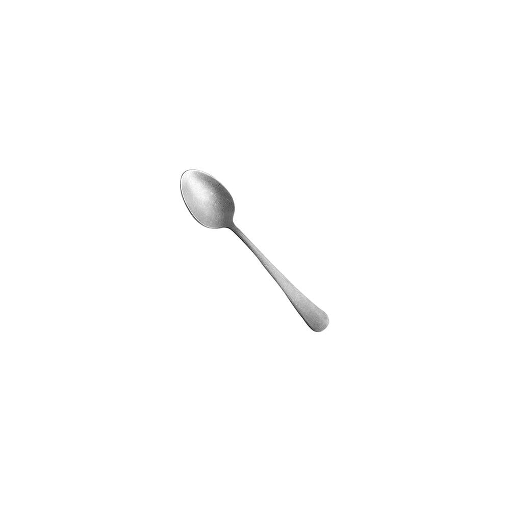 Stainless steel spoon, oval shape with long handle and soft lines, on white background.
