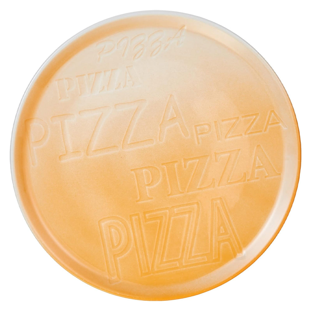 Orange round plate with multiple embossed inscriptions of the word pizza in different sizes and fonts, white background