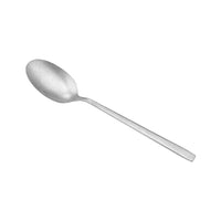 Cucchiaio in acciaio inox, forma ovale con manico lungo e sottile, finitura opaca. Sfondo bianco.