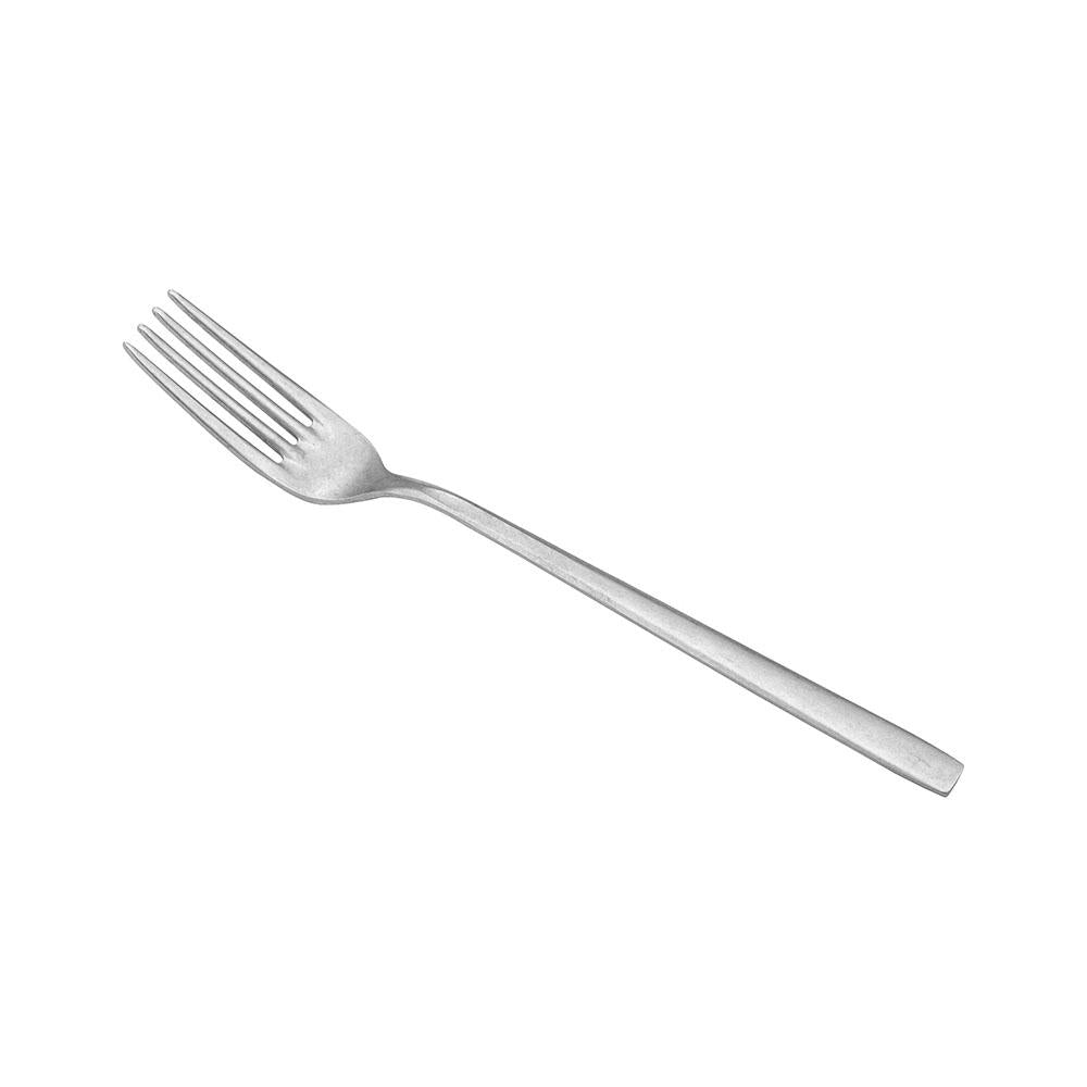 Metal fork with long handle and four tines, on white background.
