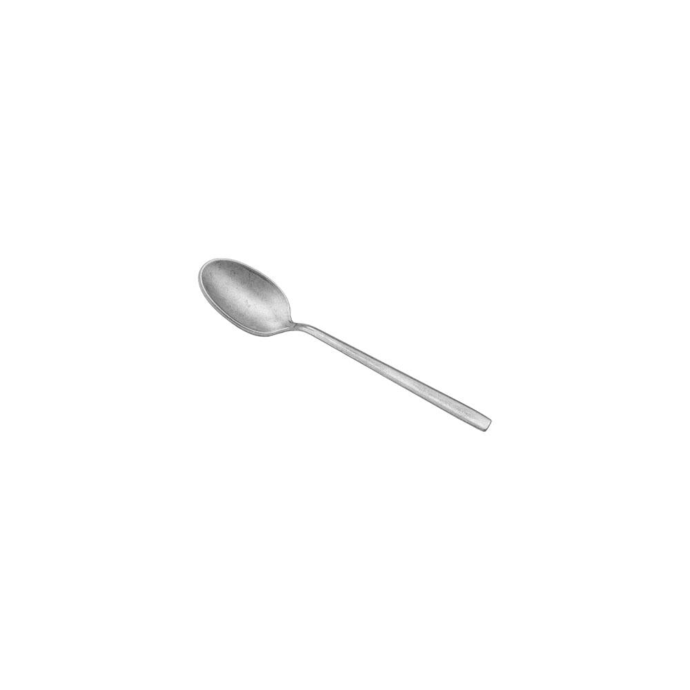 Metal spoon with long tapered shape and shiny finish on white background.