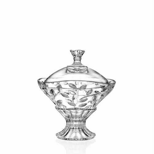 Vaso in vetro trasparente, con coperchio e base decorata, presenta rilievi a foglia.