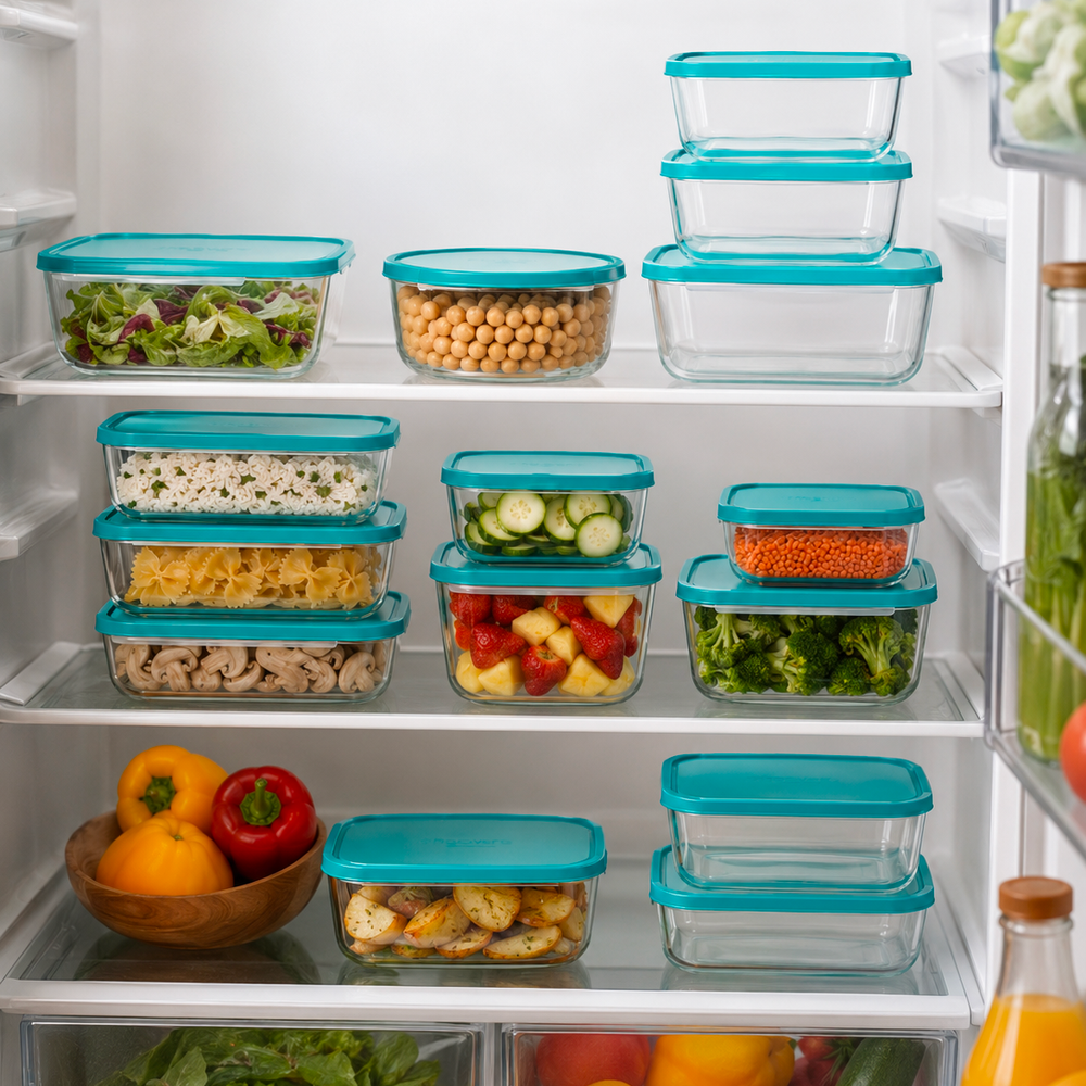 Frigorifero organizzato con contenitori per alimenti impilabili.