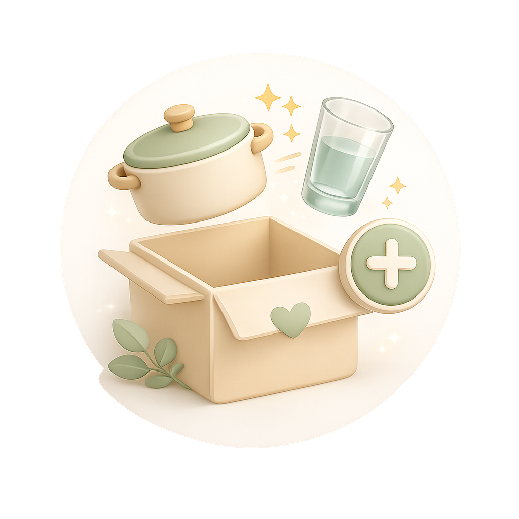 Open beige box with a light green pot, a transparent glass and green leaves, bright and welcoming setting.