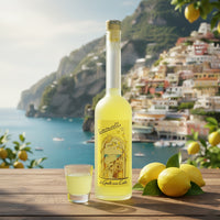 Bouteille de limoncello jaune avec étiquette illustrée, petit verre avec liquide jaune et citrons frais sur table en bois avec fond mer et village