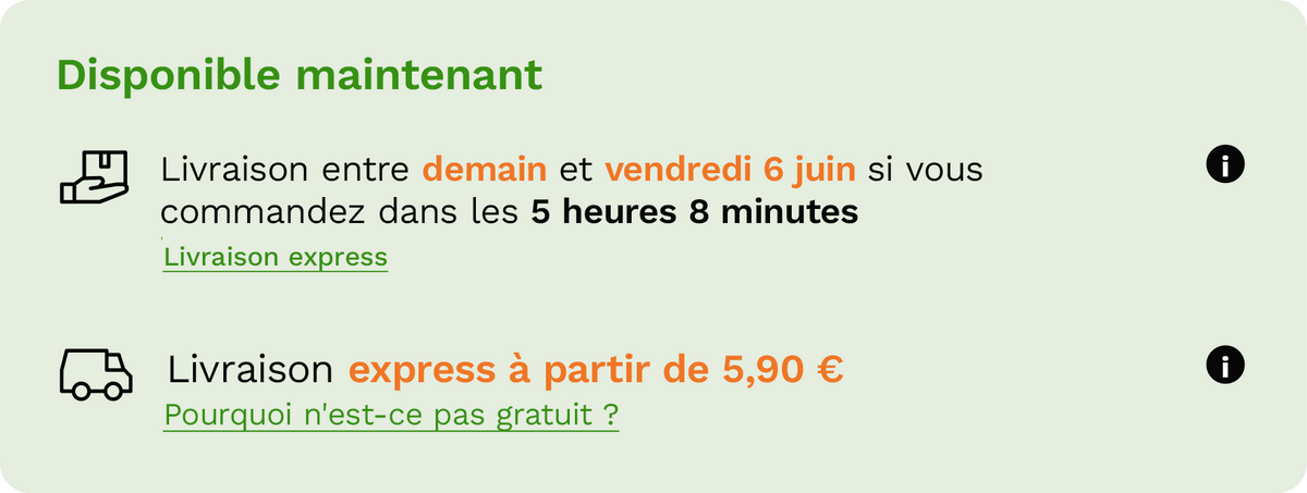 Testo su sfondo verde chiaro con informazioni di consegna in francese, icone nere di pacco e camion, testo evidenziato in arancione e verde.