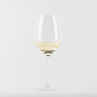 Verre à vin en verre transparent avec vin blanc clair sur fond blanc neutre