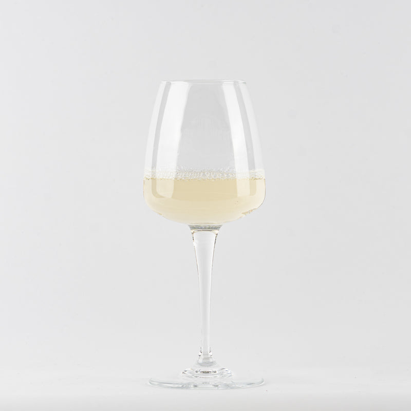 Copa de vino de vidrio transparente con vino blanco espumoso sobre fondo blanco neutro