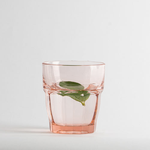 Bicchiere di vetro trasparente rosa con due foglie verdi immerse in acqua su sfondo bianco.