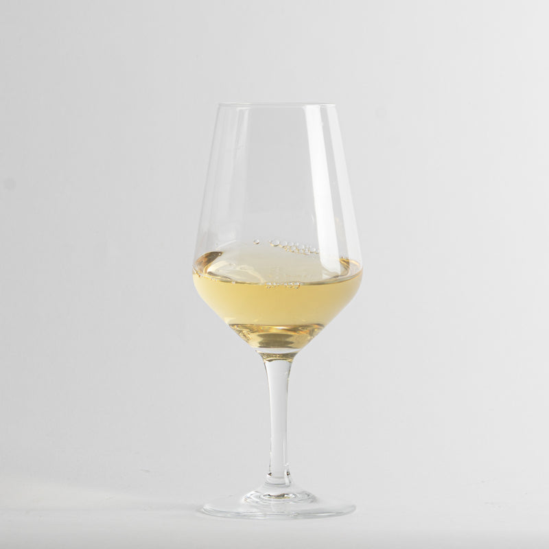 transparent glass tumbler with white wine and bubbles on neutral white background