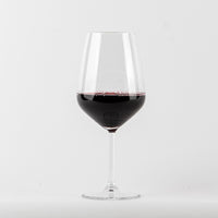 transparent stemmed glass in glass with red wine scuro on white background