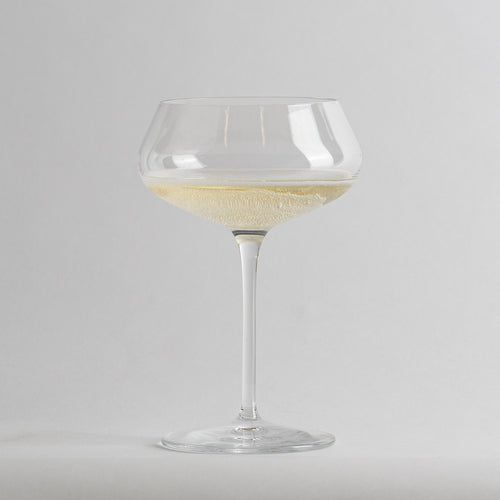 Transparentes Glas mit Schale und prickelndem Weißwein auf hellgrauem Hintergrund.