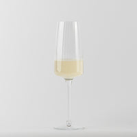 Verre à vin en verre transparent avec liquide jaune clair et bulles sur fond gris clair