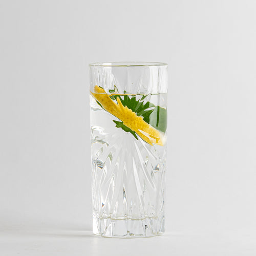 bicchiere trasparente con decorazioni geometriche contenente acqua, fetta di limone e foglia verde su sfondo