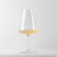 transparent glass tumbler with flat base and long stem, contains light yellow liquid with foam