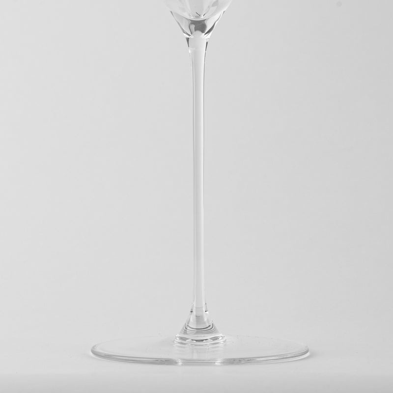 Copa de vino de vidrio transparente con tallo largo y base redonda plana sobre fondo gris claro