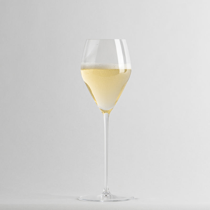 Copa de vino de vidrio transparente que contiene vino blanco espumoso sobre fondo gris claro uniforme.