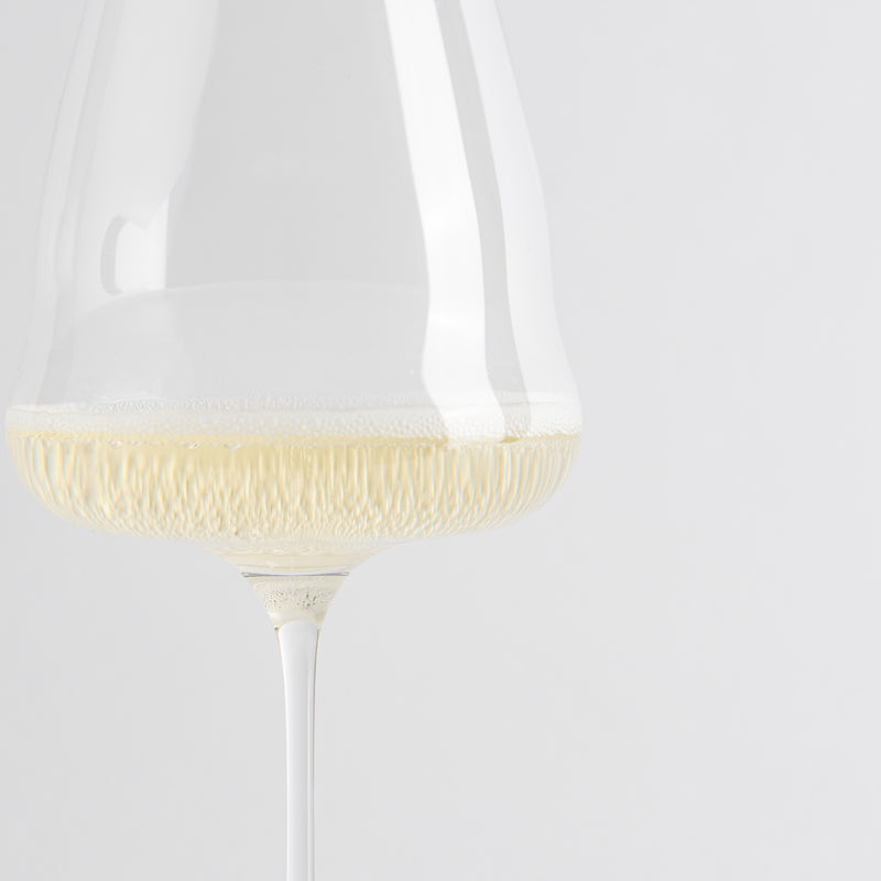 Verre à vin en verre transparent avec vin blanc légèrement pétillant sur fond clair uniforme.