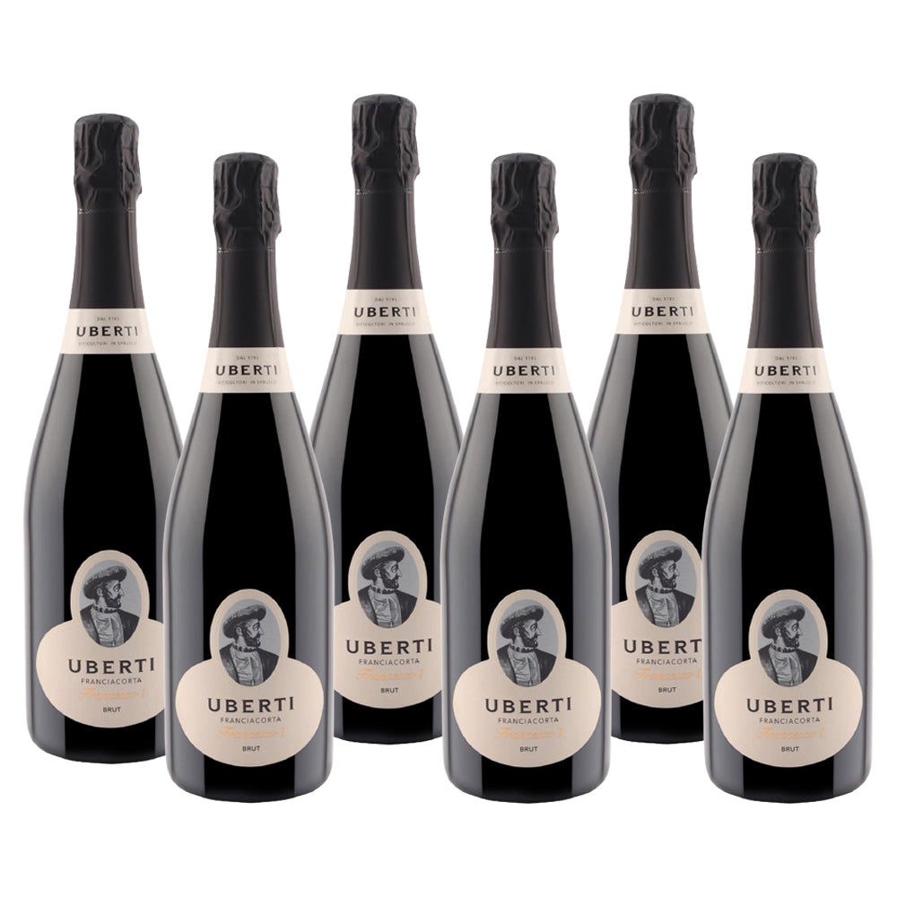 Sei bottiglie di vino spumante, etichettate "UBERTI", con tappi neri, etichette bianche e nere.