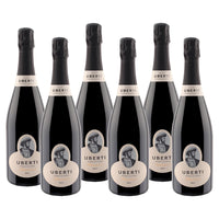 Sei bottiglie di vino spumante, etichettate "UBERTI", con tappi neri, etichette bianche e nere.