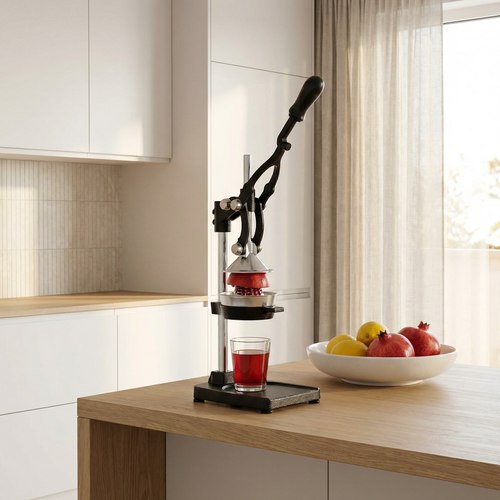 Spremiagrumi manuale nero e argento con meccanismo a leva, mezzo melograno spremuto, bicchiere con succo rosso, ciotola bianca con limoni e melograni
