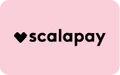 cuore nero e scritta scalapay in nero su sfondo rosa chiaro