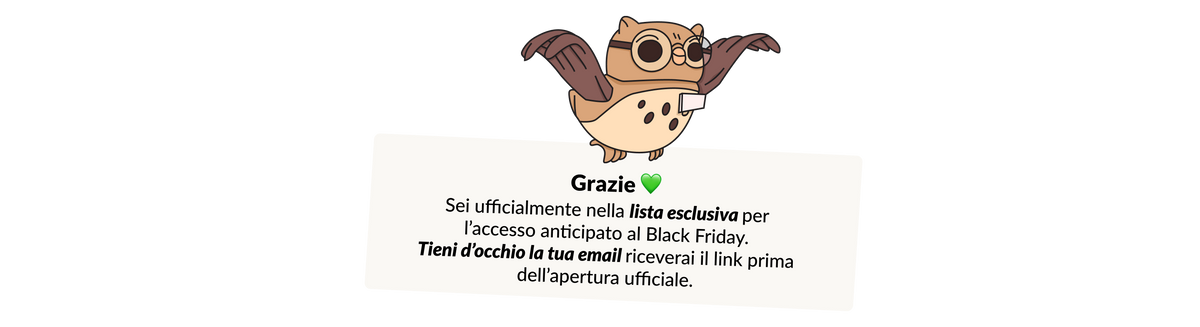 Gufo stilizzato con occhiali, su sfondo bianco, accompagna testo su accesso esclusivo a Black Friday.