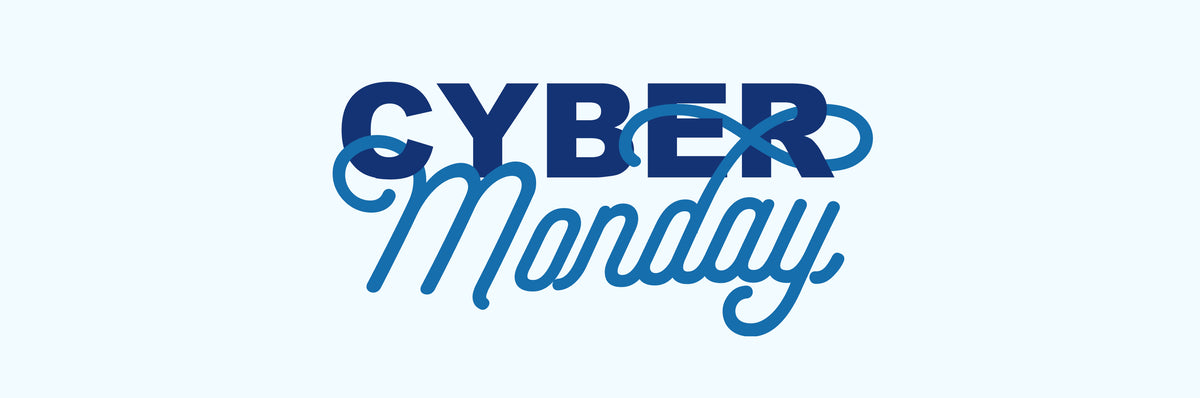 Cyber Monday lettering in blue on light background, with "Cyber" in bold font and "Monday" in decorative italic