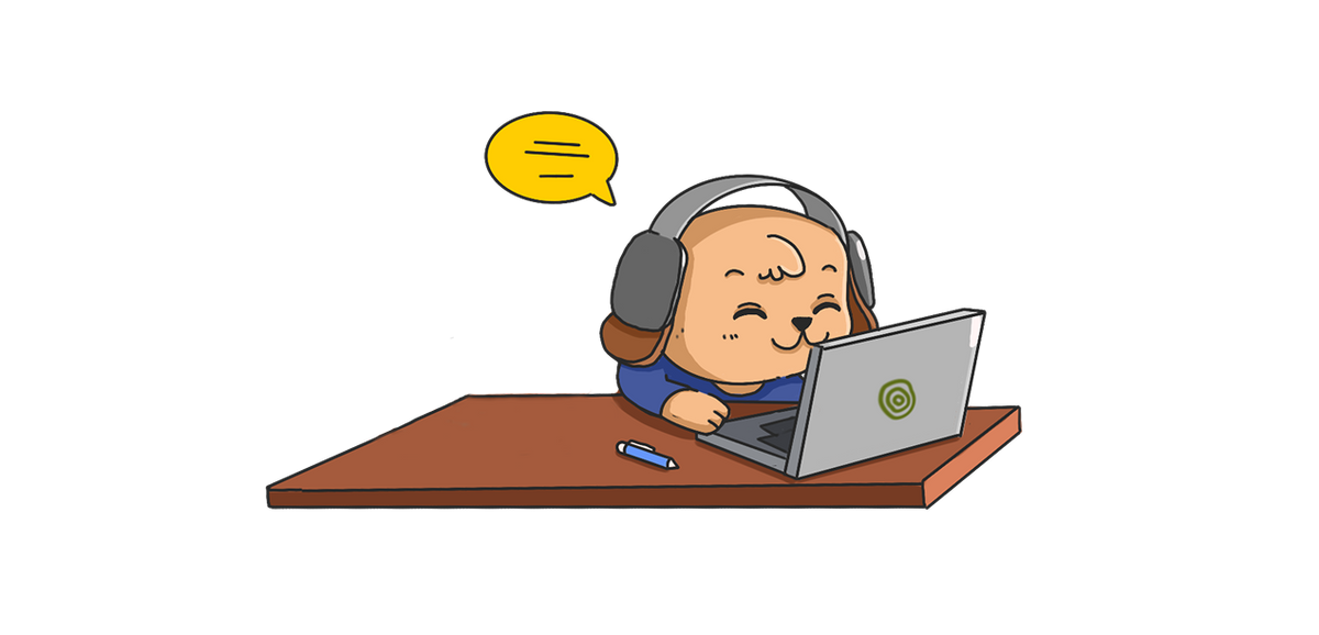 Chiot cartoon avec casque gris assis à une table marron devant un ordinateur portable gris avec logo vert.