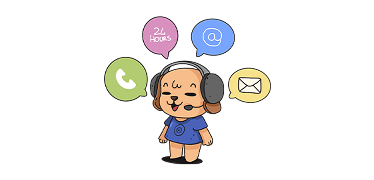 Chiot cartoon avec casque et micro, t-shirt bleu, bulles colorées avec icônes de téléphone, email et