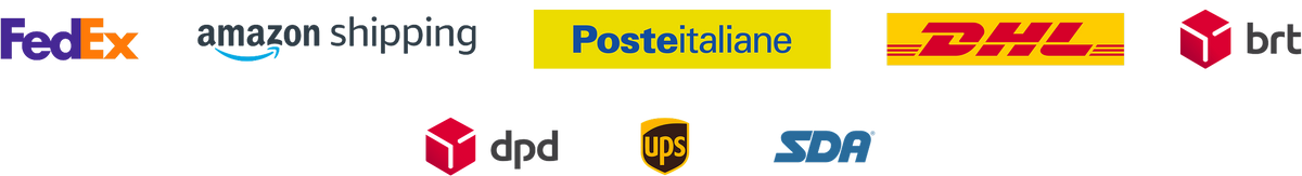 Coloured logos of couriers FedEx, Amazon shipping, Posteitaliane, DHL, brt, dpd, ups and SDA on black background