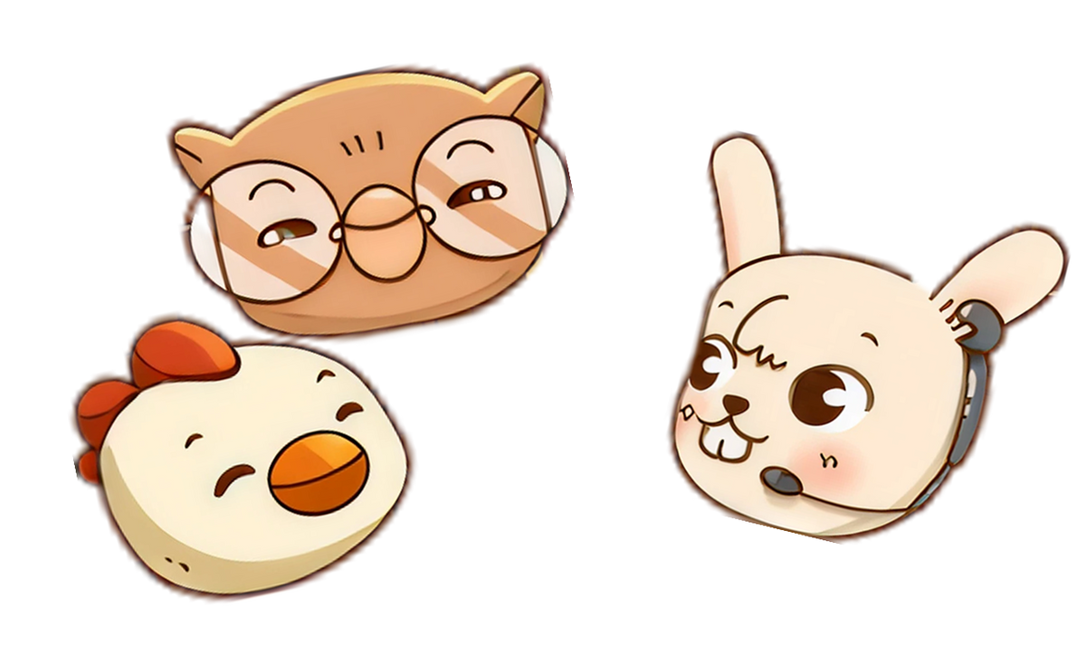 Illustrated heads of an owl with glasses, a smiling hen and a rabbit with microphone, background